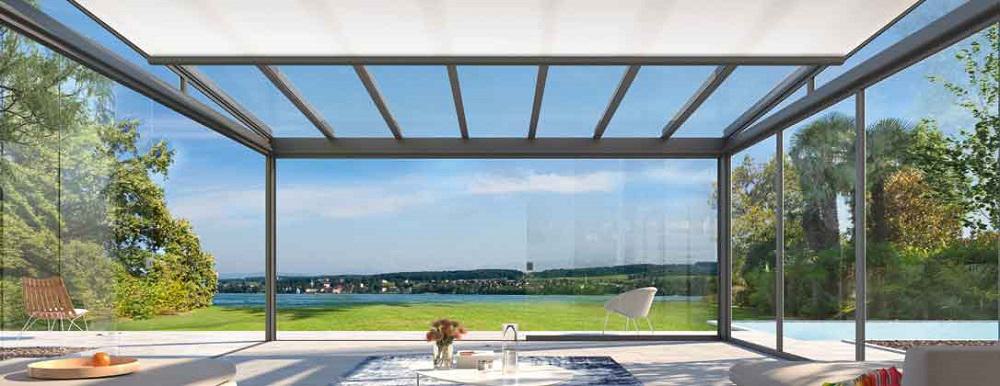 Leiner Terrassendach mit Unterglasmarkise WGB350 und Ganzglasschiebetür Area slide