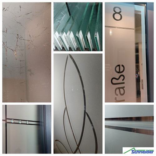 Collage mit 6 Bildern die verschiedene Glasmotive für KOMPOtherm Haustür zeigen